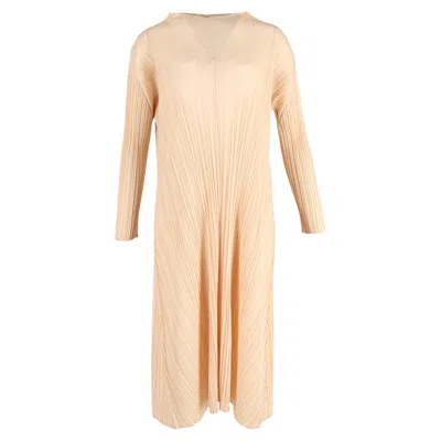 Issey Miyake Pleated Midi Long Sleeve Dress In Nude Polyester In Brown