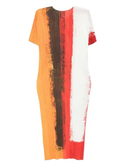 Issey Miyake Pleated Paint-effect Midi Dress In Multi