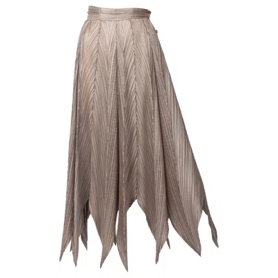 Pre-owned Issey Miyake Pleated Sculptural Skirt – Taupe Chevron Texture Asymmetrical Point In Brown