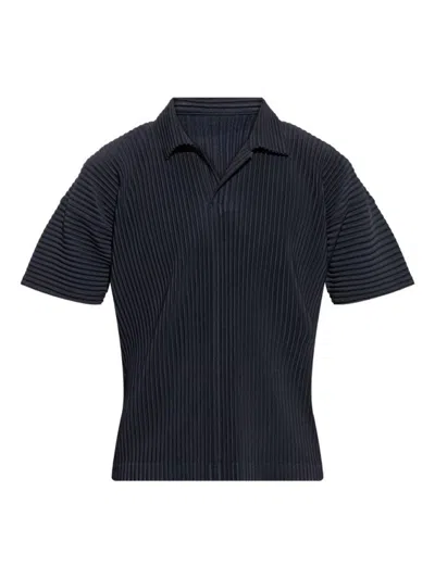 Issey Miyake Pleated Short Sleeve Shirt With Classic Collar In Blue