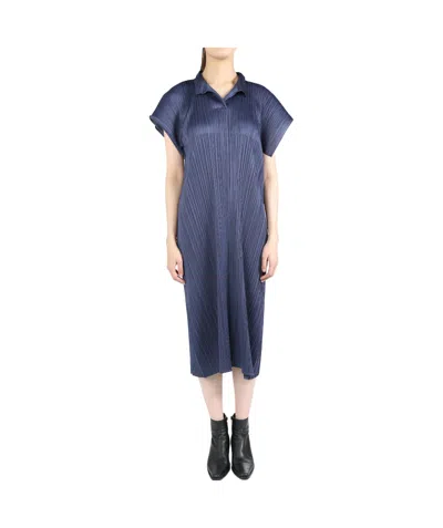 Issey Miyake Pleated Short-sleeved Dress In Blue