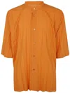 Issey Miyake Pleated Short-sleeved Mandarin Collar Shirt In Orange
