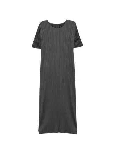 Issey Miyake Pleated Short-sleeve Midi Dress In Grey