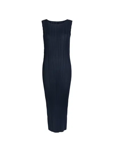 Issey Miyake Pleated Sleeveless Maxi Dress In Blue
