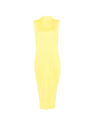 Issey Miyake Pleated Sleeveless Midi Dress In Yellow