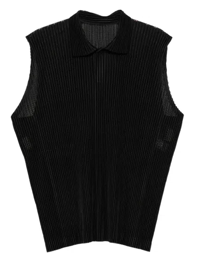 Issey Miyake Pleated Sleeveless Polo Shirt In Black