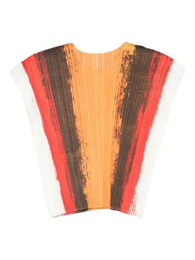Issey Miyake Pleated Stripe Top In Orange