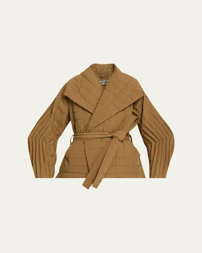 Issey Miyake Pleated Structured Sleeve Quilted Wrap Jacket In Brown