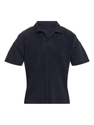 Issey Miyake Textured Pleated Polo Shirt With Classic Collar In Blue