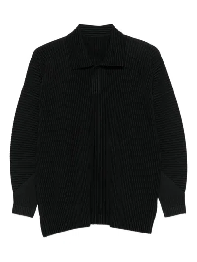 ISSEY MIYAKE PLEATED TEXTURE LONG-SLEEVE POLO WITH STRUCTURED NECKLINE