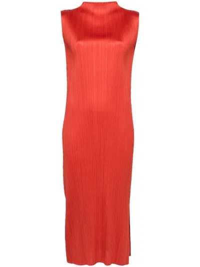 Issey Miyake Pleated Tube Long Dress In Red