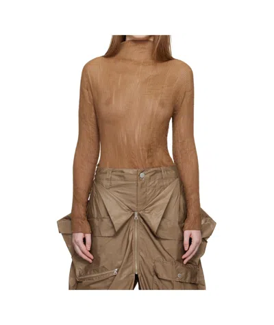 Issey Miyake Pleated Turtleneck Blouse In Brown