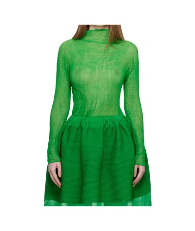 Issey Miyake Pleated Turtleneck Blouse In Green