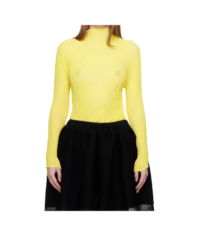 Issey Miyake Pleated Turtleneck Blouse In Yellow