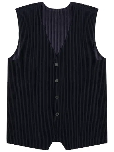 Issey Miyake Textured Pleated Vest With Deep V-neckline In Black