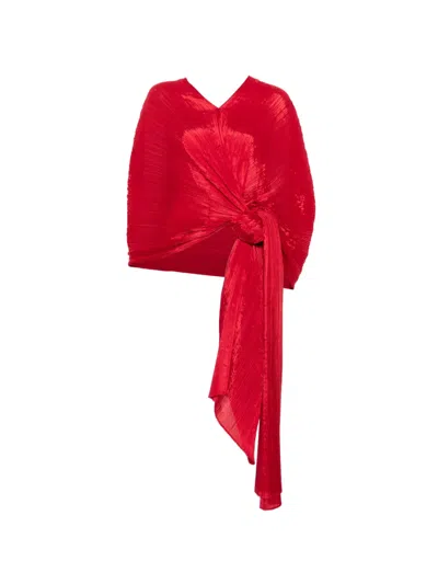 Issey Miyake Pleated V-neck Blouse In Red
