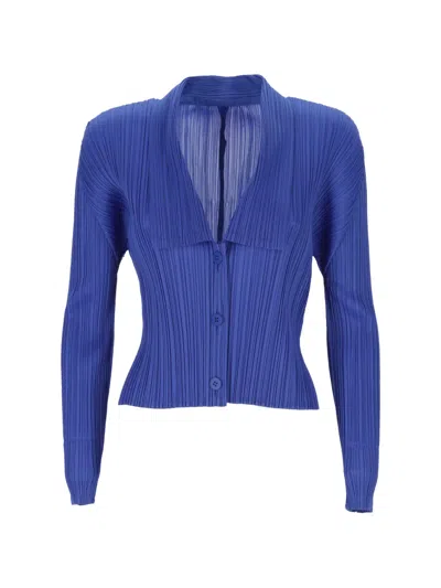 Issey Miyake Pleated V-neck Sweater In Blue