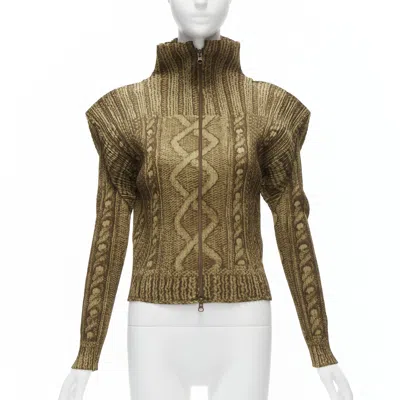 Pre-owned Issey Miyake Pleats Please Brown Tromp Loeil Cable Knit Zip Up Jacket Jp4 Xl