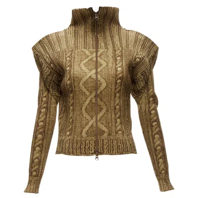Pre-owned Issey Miyake Pleats Please Brown Tromp Loeil Cable Knit Zip Up Jacket Jp4 Xl