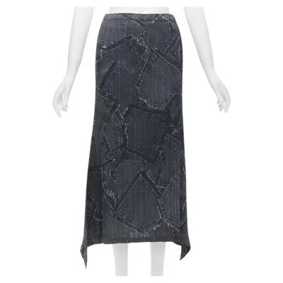 Pre-owned Issey Miyake Pleats Please Dark Blue Denim Patchwork Print Pleated Skirt Jp2 M