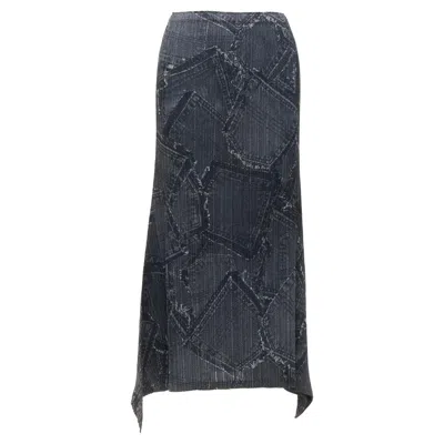 Pre-owned Issey Miyake Pleats Please Dark Blue Denim Patchwork Print Pleated Skirt Jp2 M