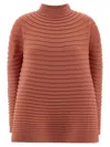 Issey Miyake High Neck Long Sleeve Ribbed Knit Top In Burgundy