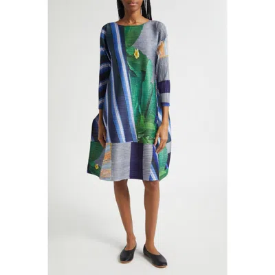 Issey Miyake Pleats Please  City Collage Pleated Long Sleeve Dress In Multi