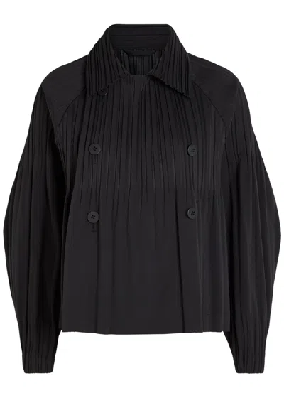 Issey Miyake Pleats Please  Double-breasted Pleated Woven Coat In Black