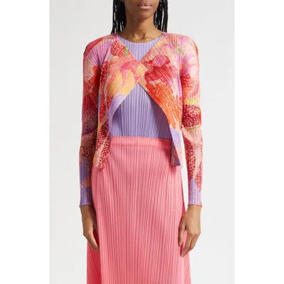 Issey Miyake Pleats Please  Foggy Forest Pleated Open Front Cardigan In Pink