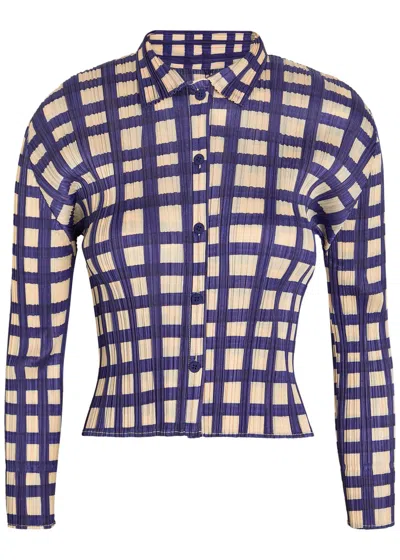 Issey Miyake Pleats Please  Gingham Pleated Woven Shirt In Blue