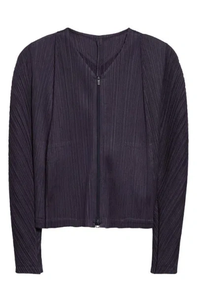 Issey Miyake Pleats Please  Lantern Pleated Cardigan In Blue Black