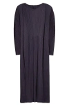 Issey Miyake Pleats Please  Lantern Pleated Long Sleeve Midi Dress In Blue Black