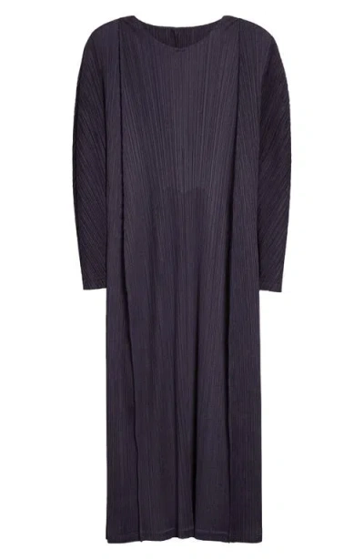 Issey Miyake Pleats Please  Lantern Pleated Long Sleeve Midi Dress In Blue Black