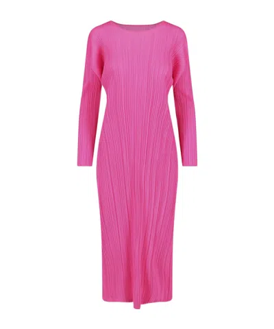 Issey Miyake Pleats Please  Long Sleeve Pleated Dress In Pink