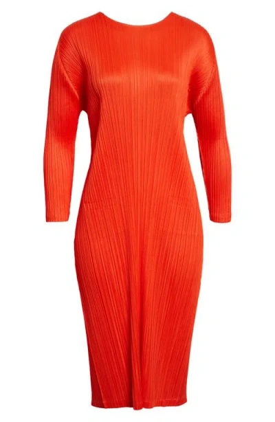 Issey Miyake Pleats Please  Monthly Colors February Pleated Long Sleeve Midi Dress In Red