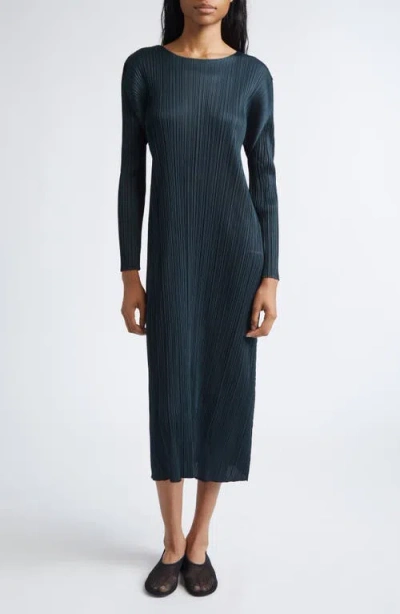 Issey Miyake Pleats Please  Monthly Colors November Pleated Long Sleeve Midi Dress In Gray