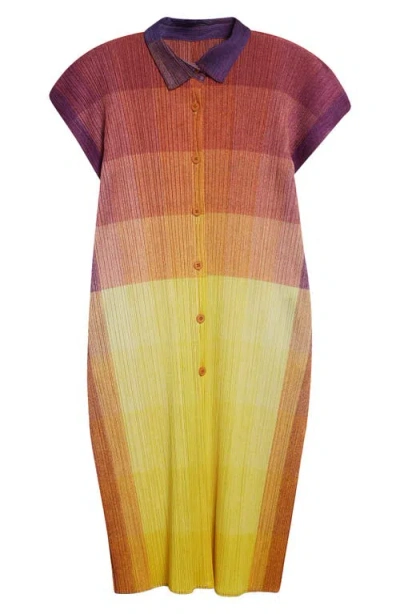 Issey Miyake Pleats Please  Photon Print Pleated Shirtdress In Yellow