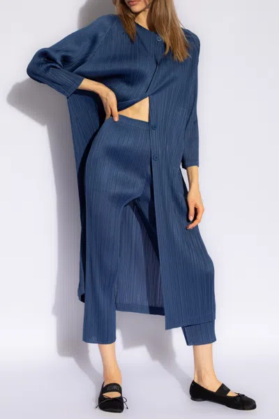 Issey Miyake Pleats Please  Pleated Coat In Navy Blue