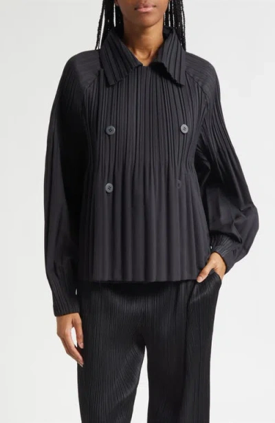 Issey Miyake Pleats Please  Pleated Double Breasted Jacket In Black
