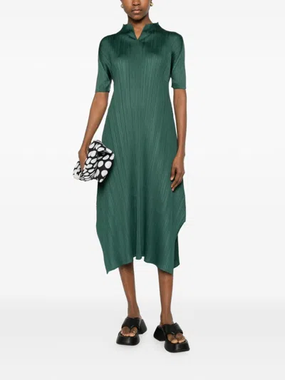Issey Miyake Pleats Please  Pleated Long Dress In Green