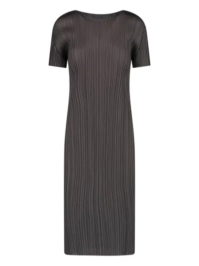 Issey Miyake Pleats Please  Pleated Short-sleeve Midi Dress In Gray