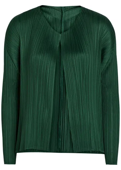 Issey Miyake Pleats Please  Pleated Woven Cardigan In Green