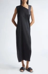 Issey Miyake Pleats Please  Pointe Pleated Asymmetric Sleeveless Midi Dress In Black