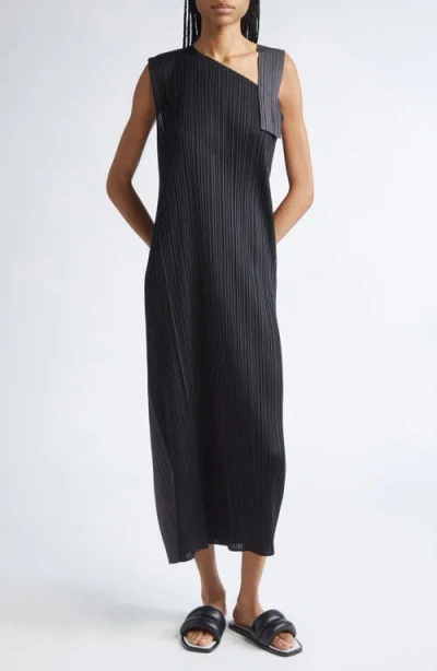 Issey Miyake Pleats Please  Pointe Pleated Asymmetric Sleeveless Midi Dress In Black