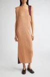 Issey Miyake Pleats Please  Pointe Pleated Asymmetric Sleeveless Midi Dress In Brown