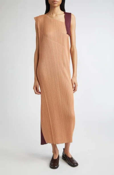 Issey Miyake Pleats Please  Pointe Pleated Asymmetric Sleeveless Midi Dress In Brown