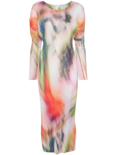 Issey Miyake Pleats Please  Printed Pleated Midi Dress In Multicolour