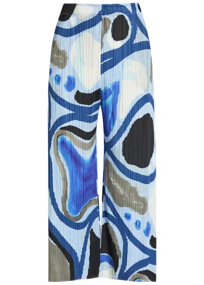 Issey Miyake Pleats Please  Printed Pleated Woven Cropped Trousers In Light Blue