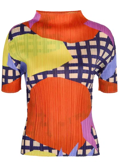 Issey Miyake Pleats Please  Printed Pleated Woven Top In Multi