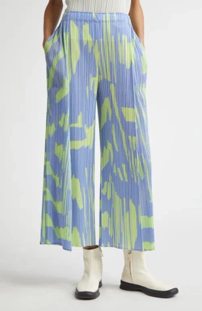 Issey Miyake Pleats Please  Refraction Print Pleated Crop Wide Leg Pants In Light Blue